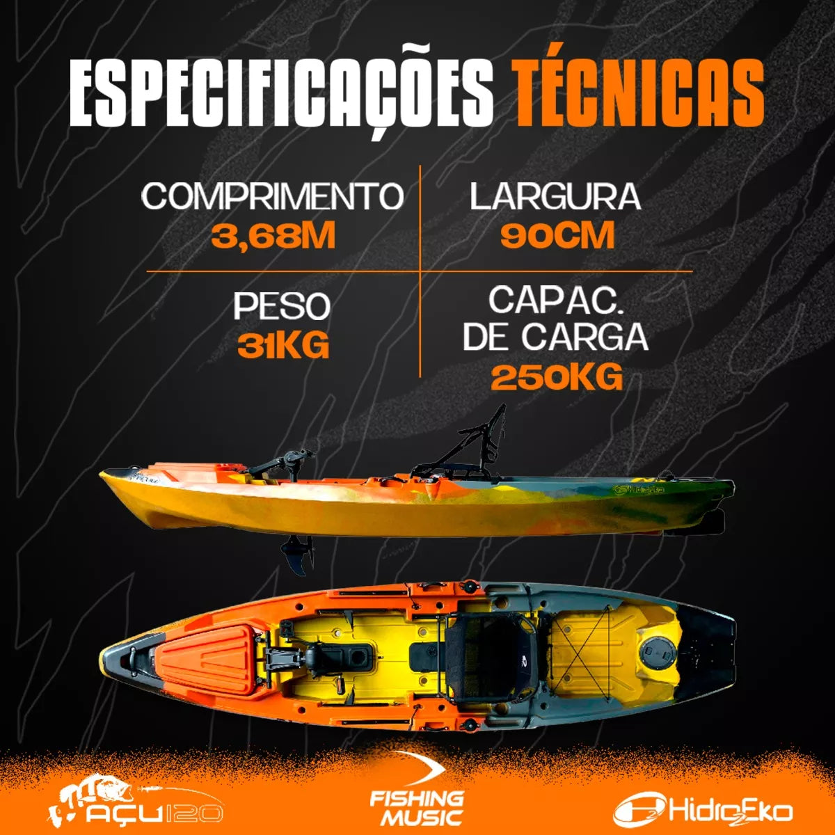 Caiaque Açu 120 Hidro2eko Com Pedal Cadeira Elite E Remo