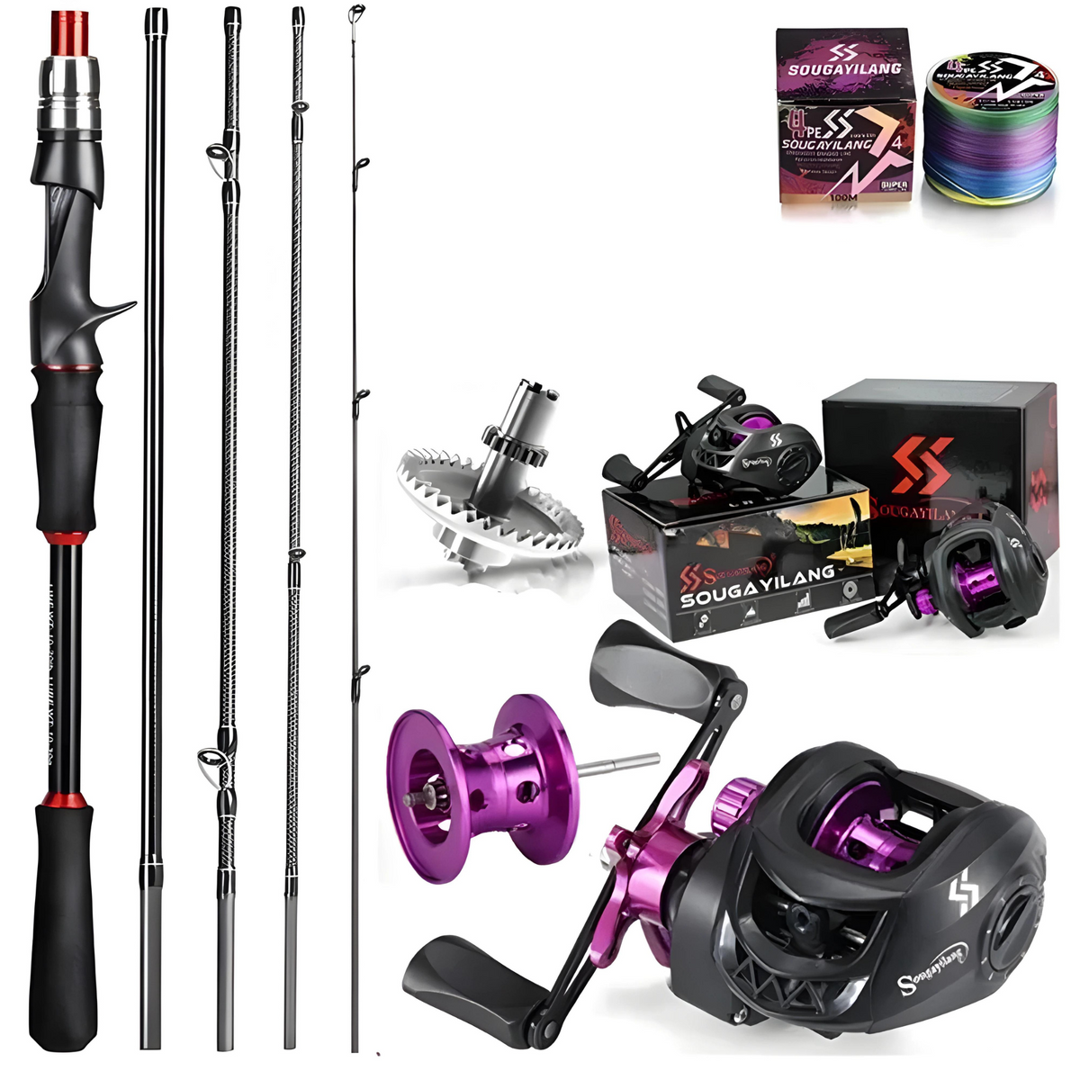 Kit De Pesca Sougayilang Vara Fibra De Carbono Carretilha Drag 8kg Brinde Linha