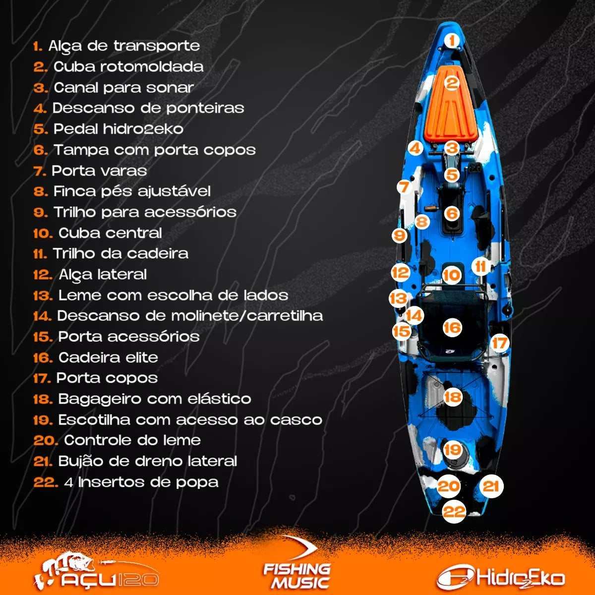 Caiaque Açu 120 Hidro2eko Com Pedal Cadeira Elite E Remo